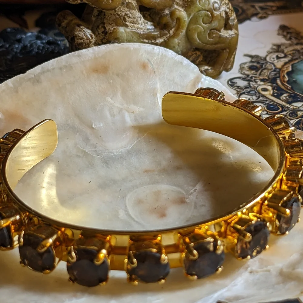 23.4 Total W Carats Genuine Smoky Quartz  in 14K Gold Plated Cuff Bracelet